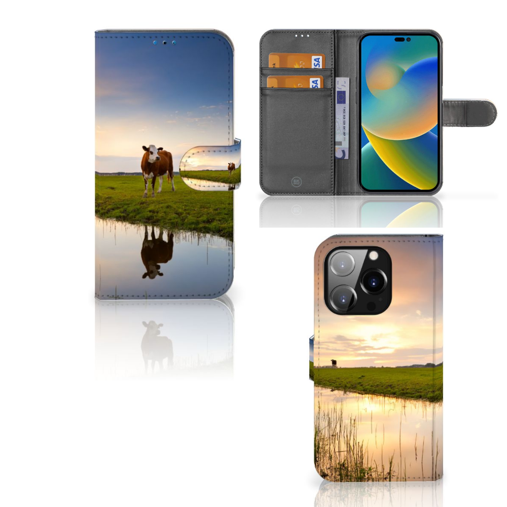 iPhone 14 Pro Telefoonhoesje met Pasjes Koe met afbeelding van een koe in een weiland 🌾