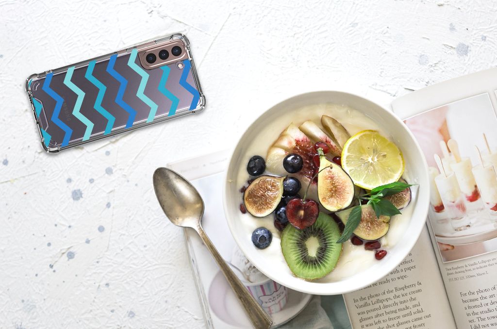 Samsung Galaxy S21 Plus Doorzichtige Silicone Hoesje Zigzag Blauw B2C Telecom