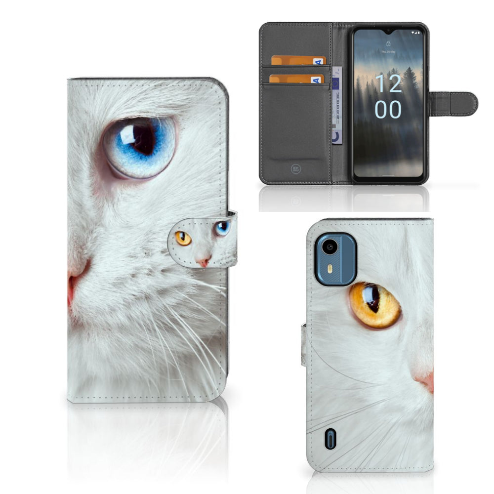 Nokia C12 Telefoonhoesje met Pasjes Witte Kat