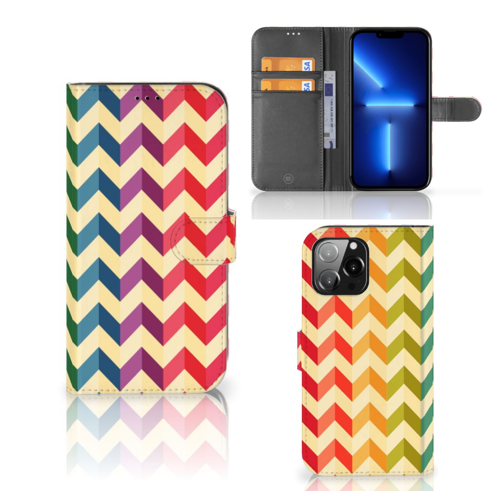 iPhone 13 Pro Max Telefoon Hoesje Zigzag Multi Color met kleurrijk zigzag ontwerp en pasjeshouders