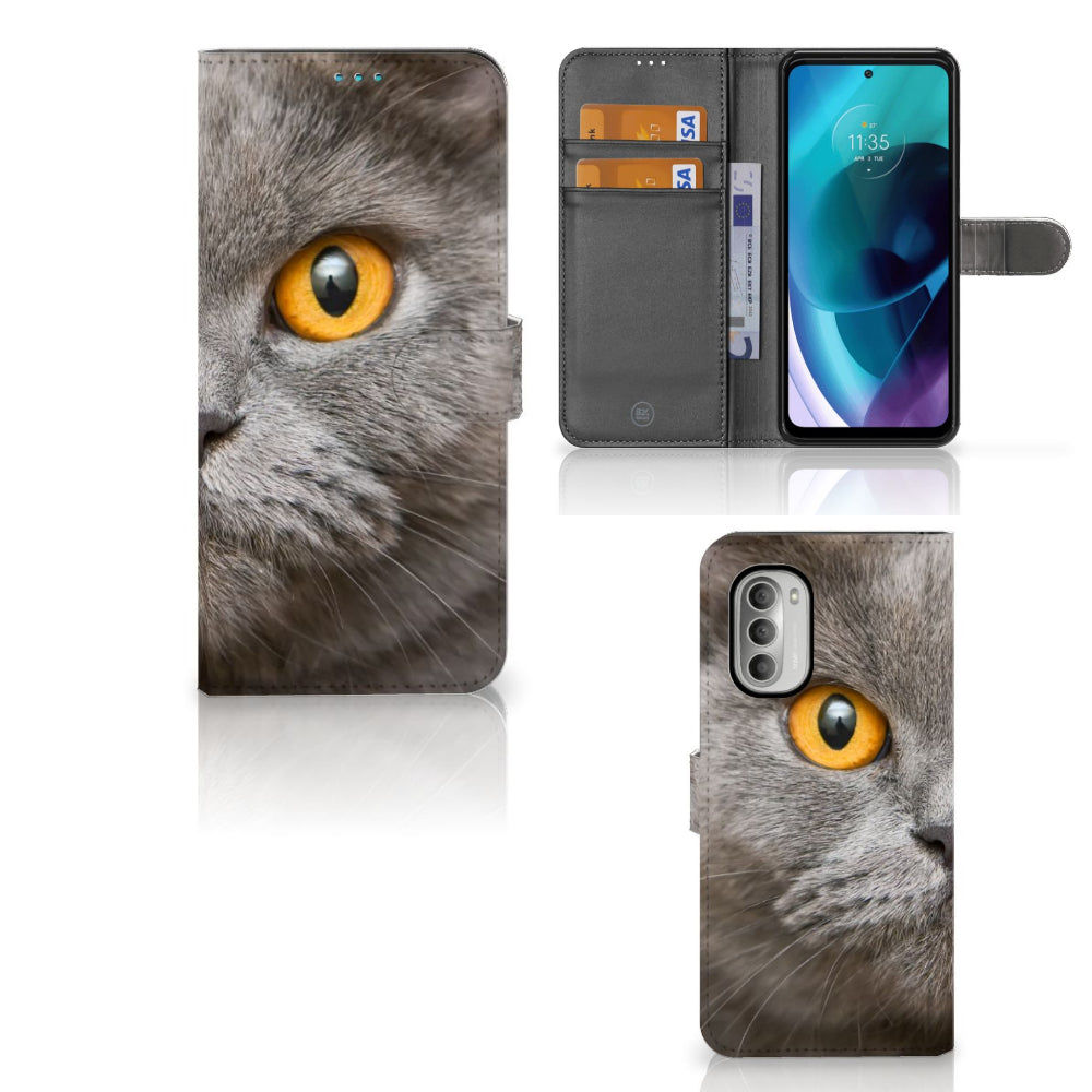 Telefoonhoesje met Pasjes Motorola Moto G51 5G Britse Korthaar met indrukwekkende kat en pasjeshouder