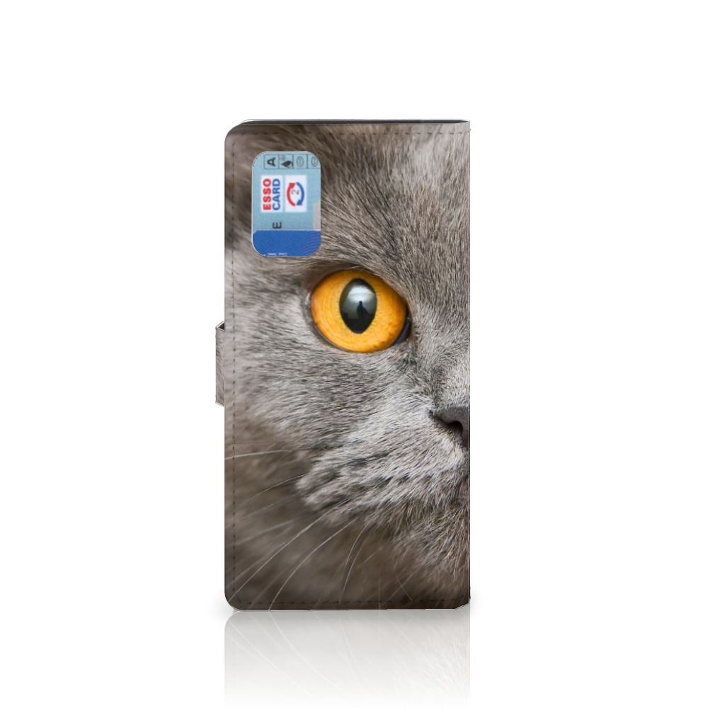Telefoonhoesje met Pasjes Samsung Galaxy A02s | M02s Britse Korthaar met kattenoog design.