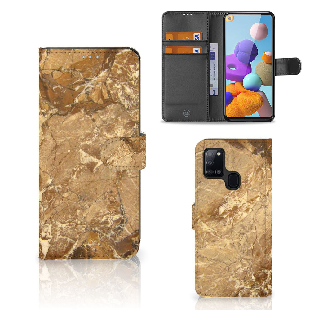 Samsung Galaxy A21s Bookcase Marmer Creme met pasjes en luxe marmer design.