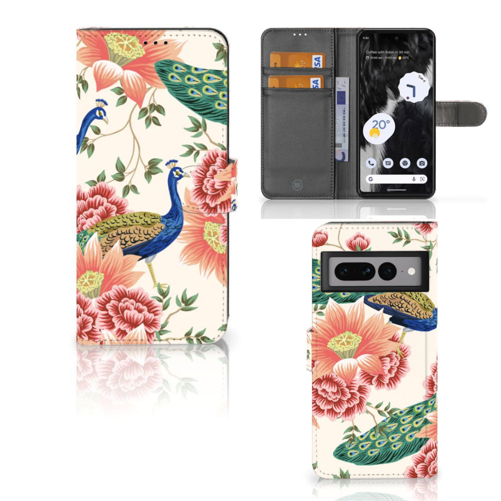 Telefoonhoesje met Pasjes voor Google Pixel 7 Pro Pink Peacock