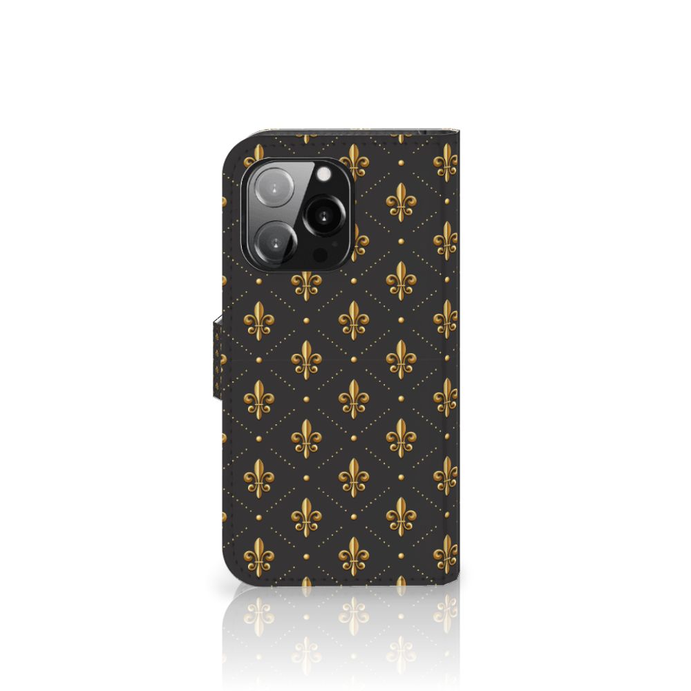iPhone 13 Pro Telefoon Hoesje Franse Lelie met gouden lelies op een zwarte achtergrond