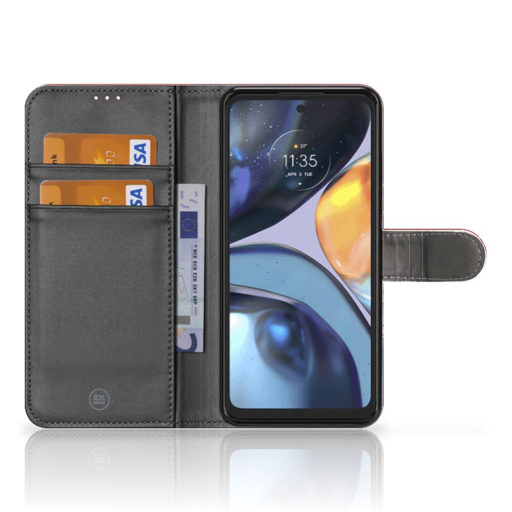 Motorola Moto G22 Bookstyle Case Nederland met pasjes en schermbescherming in open positie.