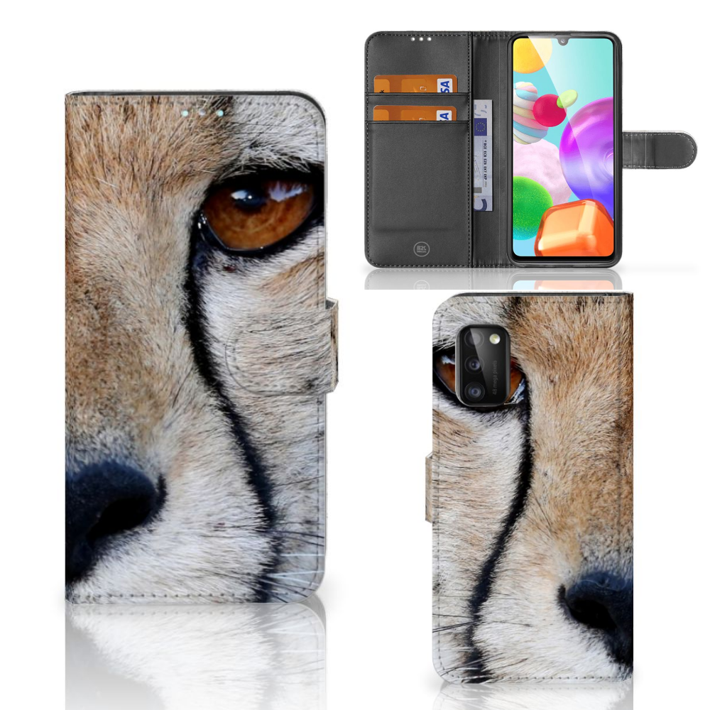 Samsung Galaxy A41 Telefoonhoesje met Pasjes Cheetah met close-up cheeta oog en ruimte voor 3 pasjes.