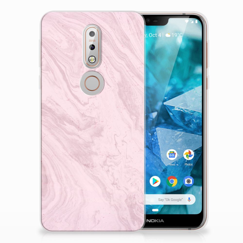 Nokia 7.1 TPU Siliconen Hoesje Marble Pink - Origineel Cadeau Vriendin