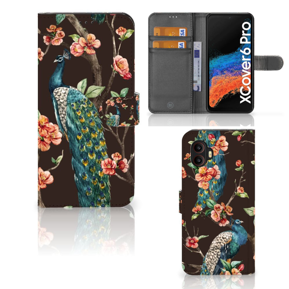 Samsung Galaxy Xcover 6 Pro Telefoonhoesje met Pasjes Pauw met Bloemen