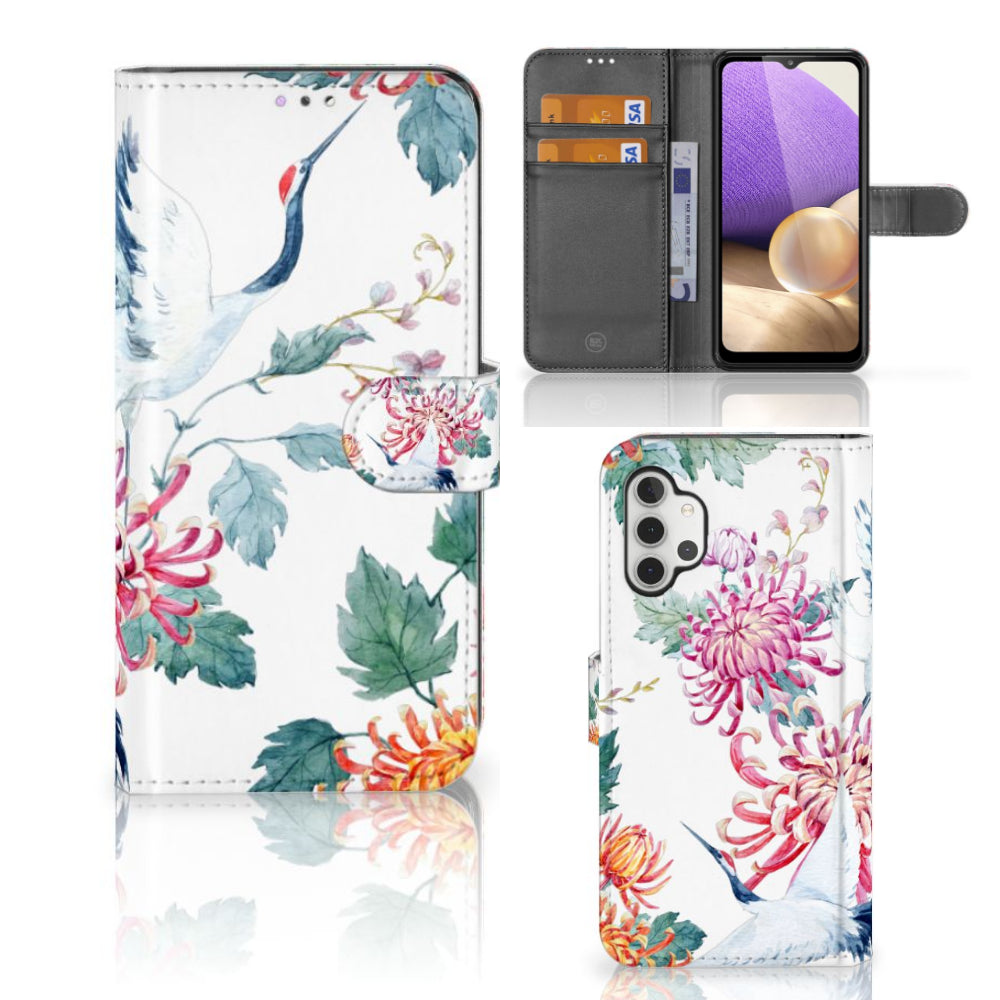 Samsung Galaxy A32 4G Telefoonhoesje met Pasjes Bird Flowers