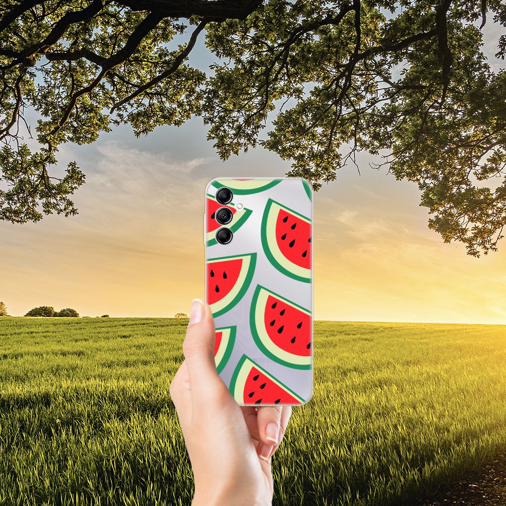 Samsung Galaxy A14 5G Siliconen Case Watermelons in hand with sunset and greenery background.
