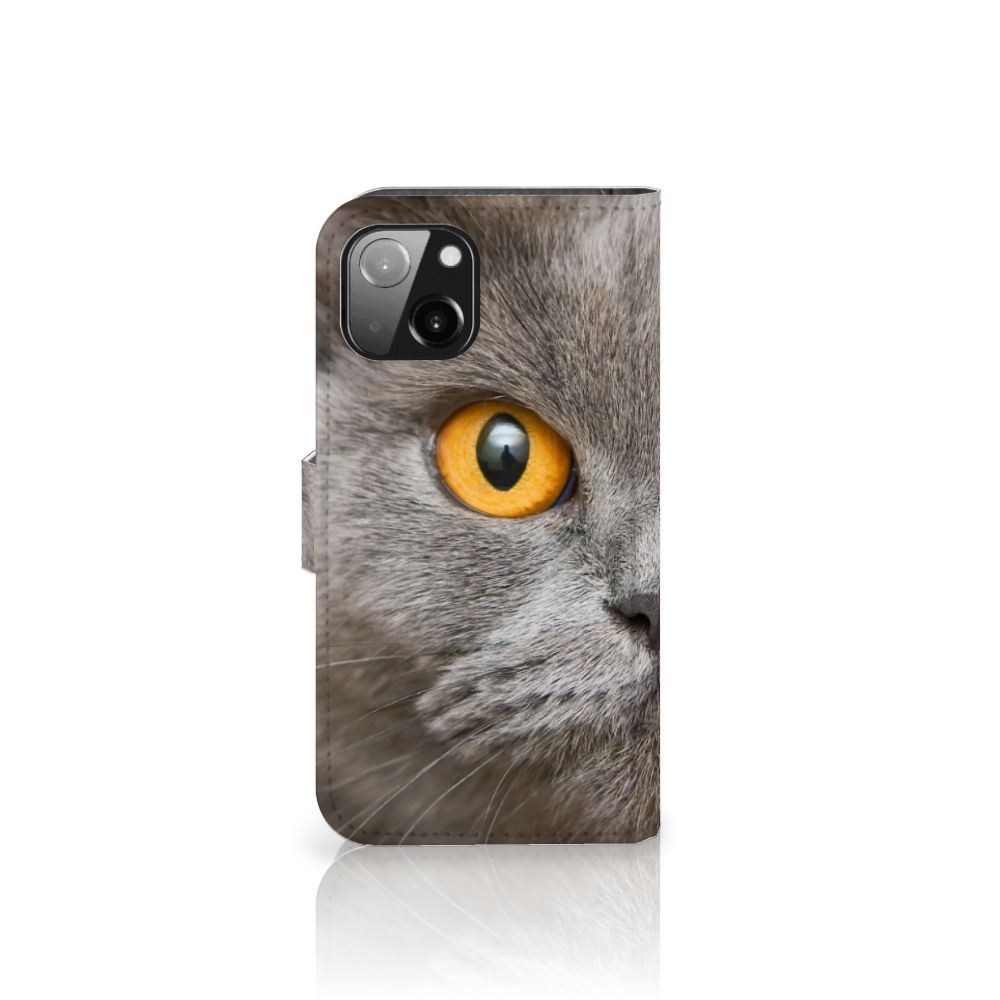 Telefoonhoesje met Pasjes Apple iPhone 13 Britse Korthaar met indrukwekkende kattenprint en gele ogen
