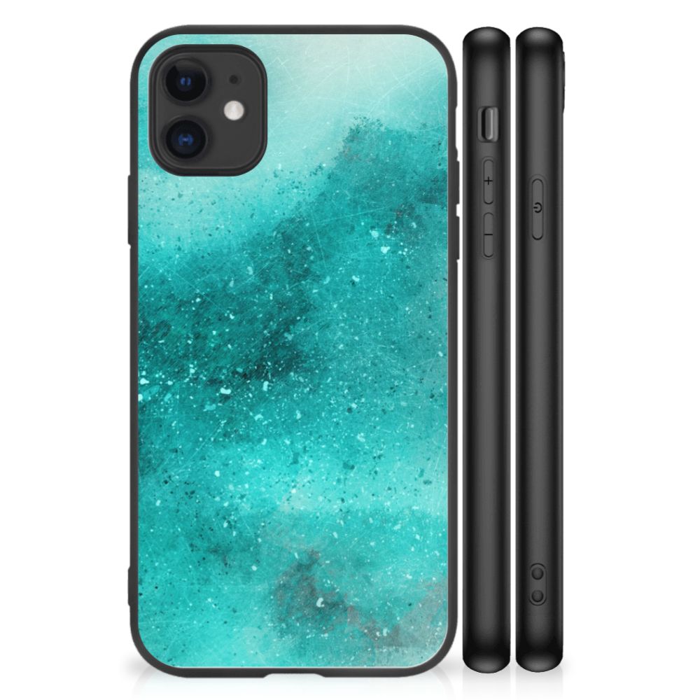 Kleurrijke Telefoonhoesje iPhone 11 Painting Blue met watercolor design in mintgroen en zwarte randen.