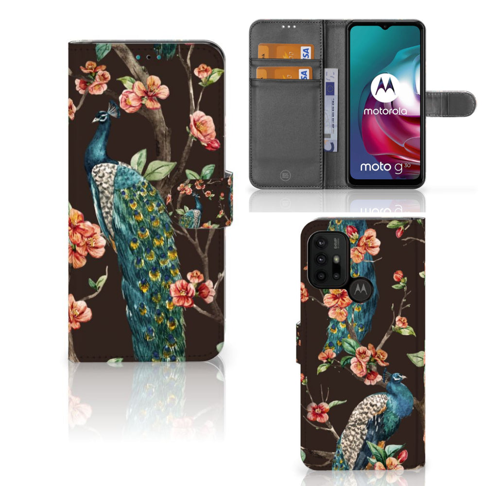 Motorola Moto G10 | G20 | G30 Telefoonhoesje met Pasjes Pauw met Bloemen