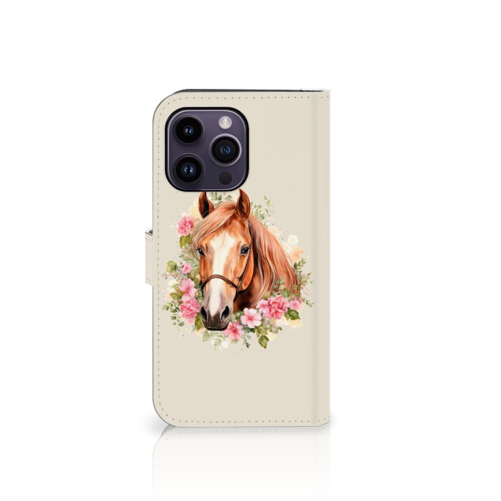 Telefoonhoesje met Pasjes voor iPhone 15 Pro Max Paard met bloemdecoratie