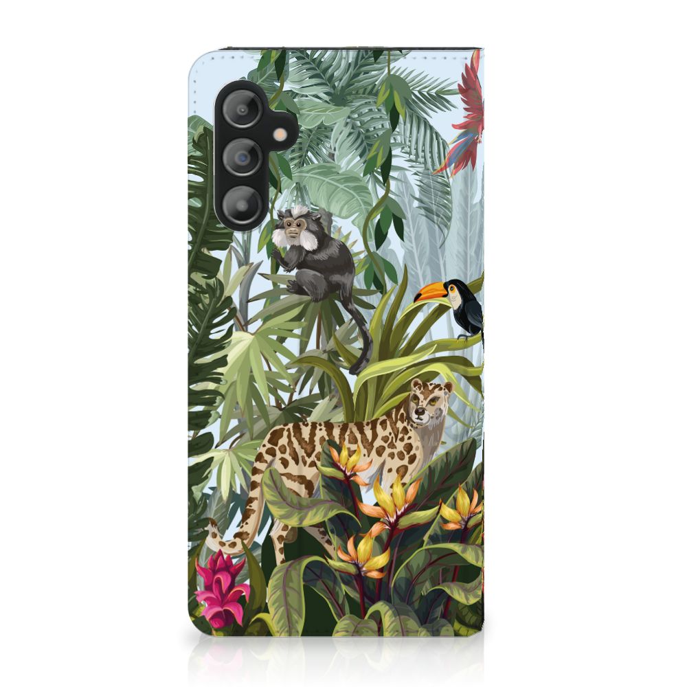 Hoesje maken voor Samsung Galaxy A14 4G Jungle met tropische dieren en planten, ideaal voor jungle liefhebbers.