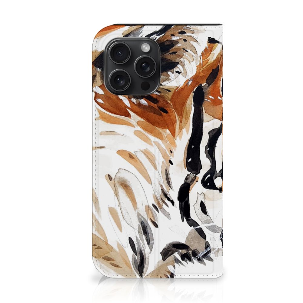 Bookcase iPhone 15 Pro Max Watercolor Tiger met een artistieke tijger afbeelding op een witte achtergrond. 🐅