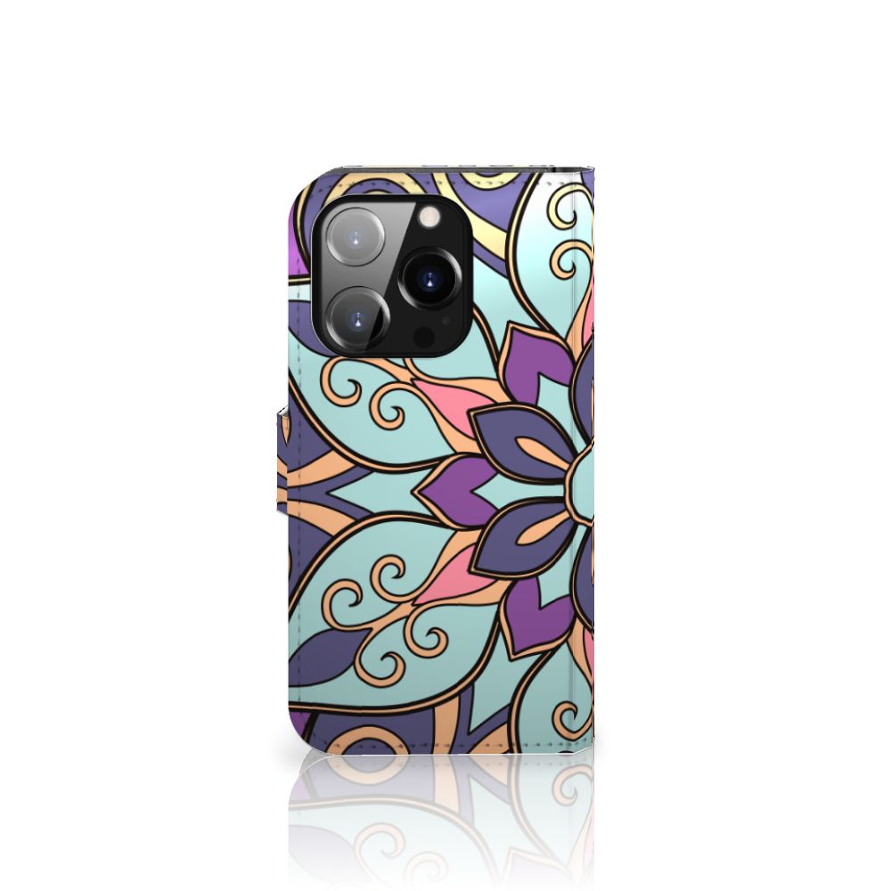 iPhone 14 Pro Hoesje Purple Flower met barok bloemenpatroon en elegante kleuren voor een stijlvol uitstraling.