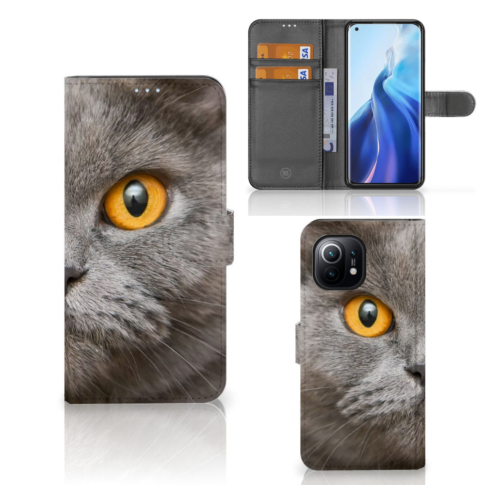 Telefoonhoesje met Pasjes Xiaomi Mi 11 Britse Korthaar met close-up van grijze kat en gele ogen