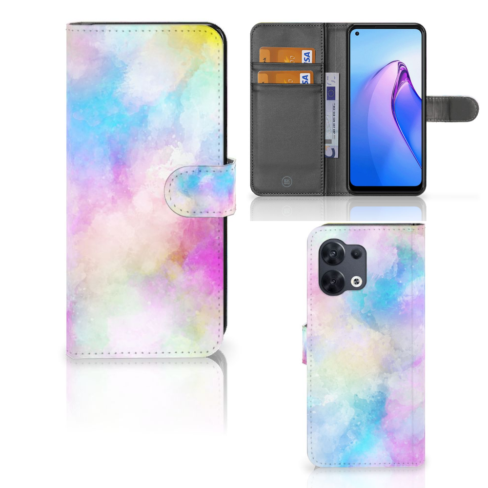 Hoesje OPPO Reno8 Watercolor Light met pastelkleuren en pasjeshouder, uniek ontwerp aan de binnen- en buitenkant.