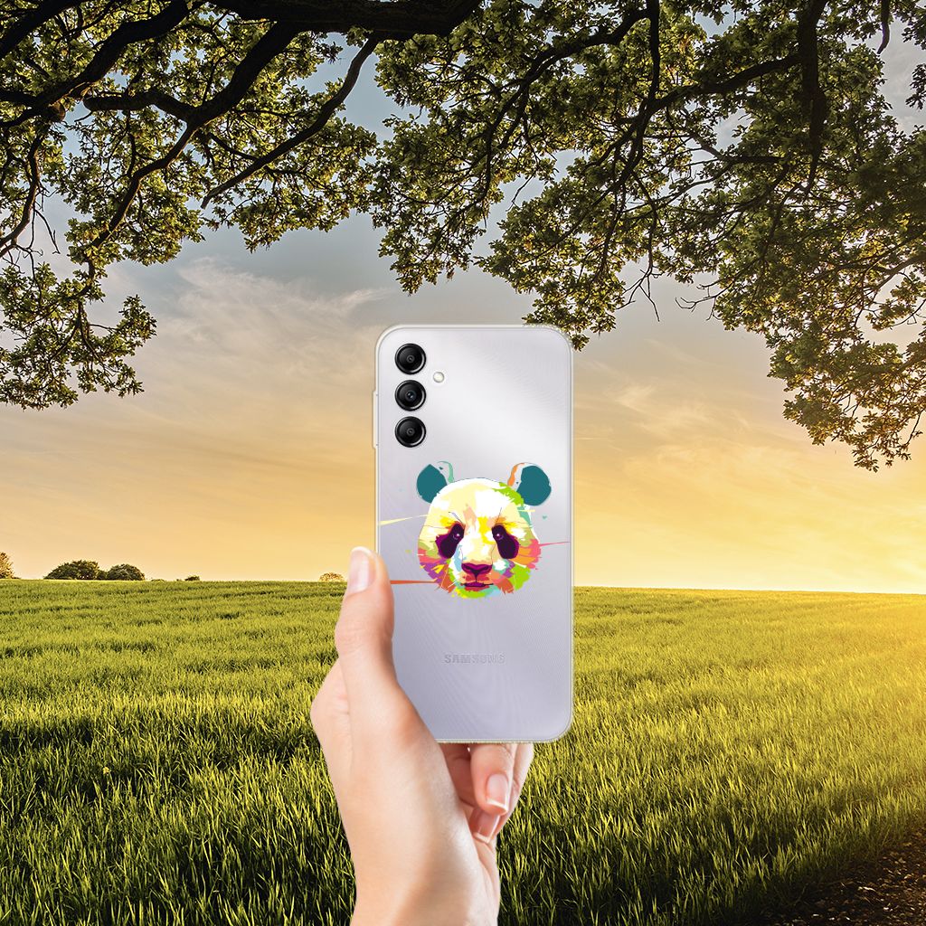 Samsung Galaxy A14 5G Telefoonhoesje met Naam Panda Color in hand met kleurrijke panda ontwerp.
