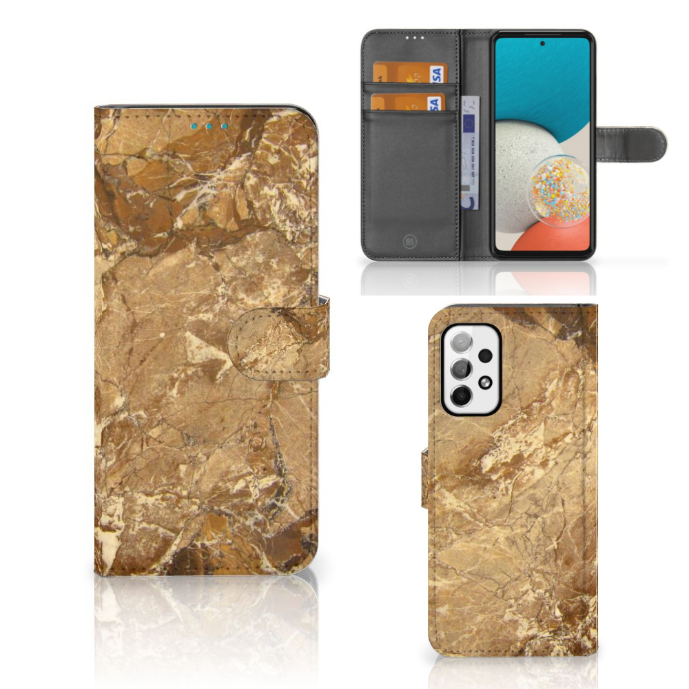 Samsung Galaxy A73 5G Bookcase Marmer Creme met luxe marmerstijl en pasjeshouder, TPU-siliconen en kunstleren buitenkant.