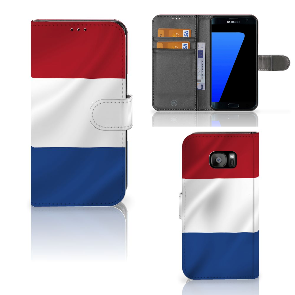 Samsung Galaxy S7 Edge Bookstyle Case Nederlandse Vlag met pasjes en artistiek design van de Nederlandse vlag.