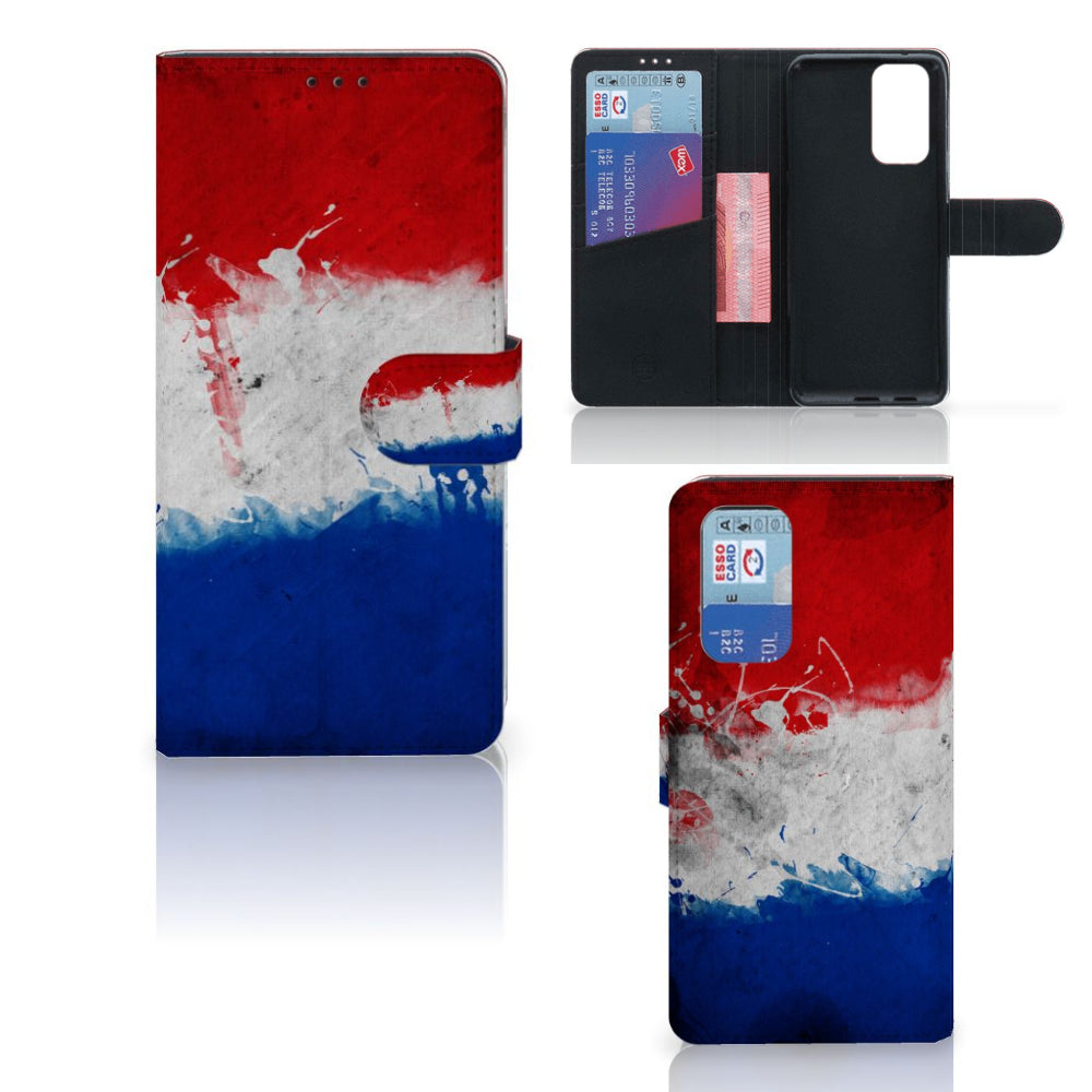 OnePlus 9 Pro Bookstyle Case Nederland met artistiek design van de Nederlandse vlag en ruimte voor pasjes.