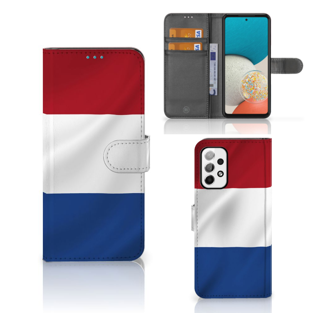 Samsung Galaxy A73 5G Bookstyle Case Nederlandse Vlag met artistiek design en pasjeshouder.