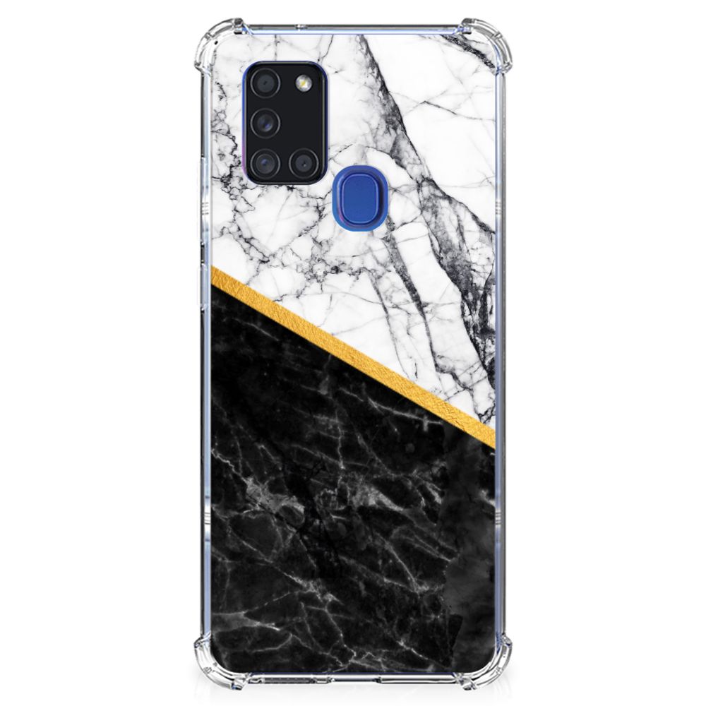 Samsung Galaxy A21s Anti-Shock Hoesje Marmer Wit Zwart - Origineel Cadeau Man