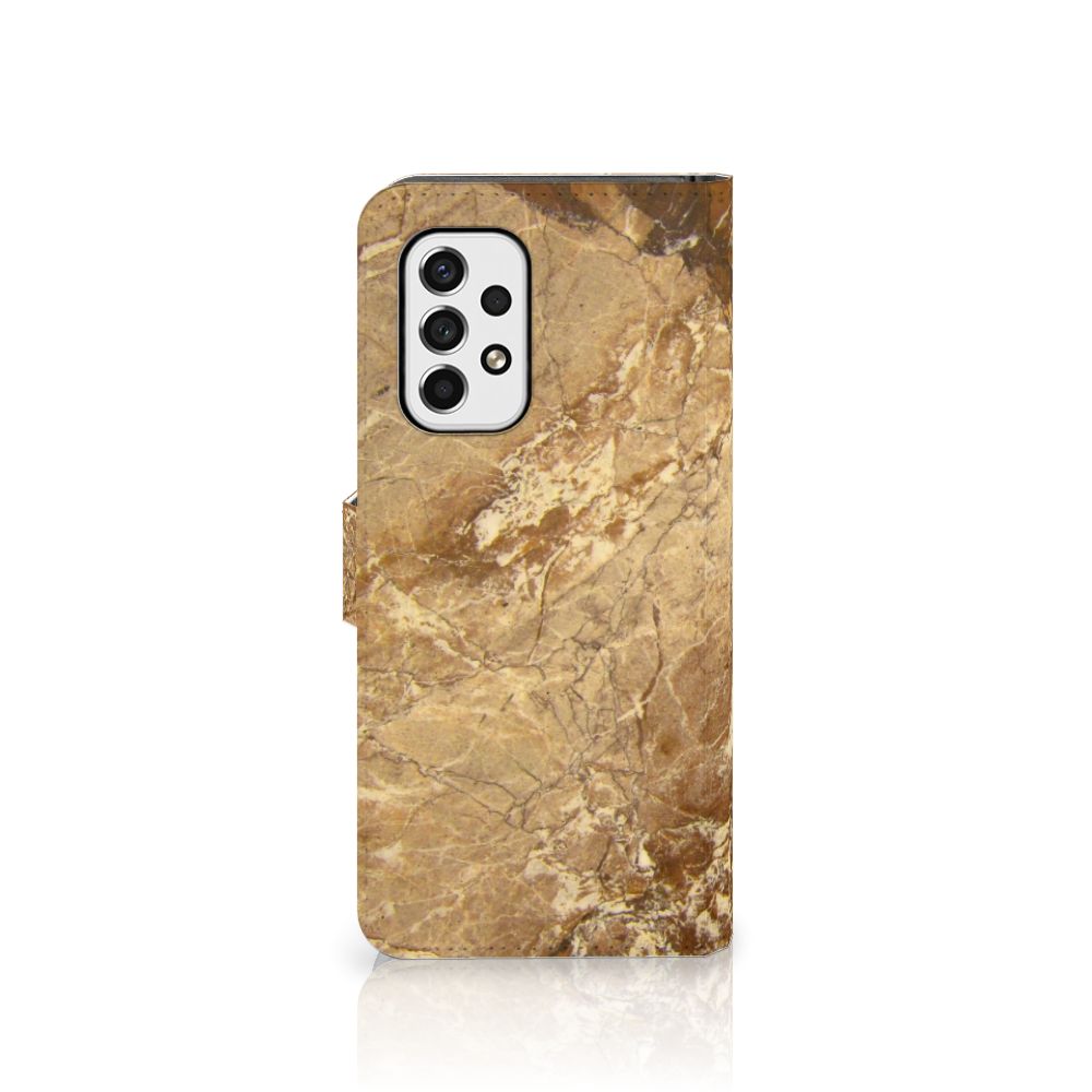 Samsung Galaxy A53 Bookcase Marmer Creme achterzijde met luxe marmerdesign en telefoonhouder.
