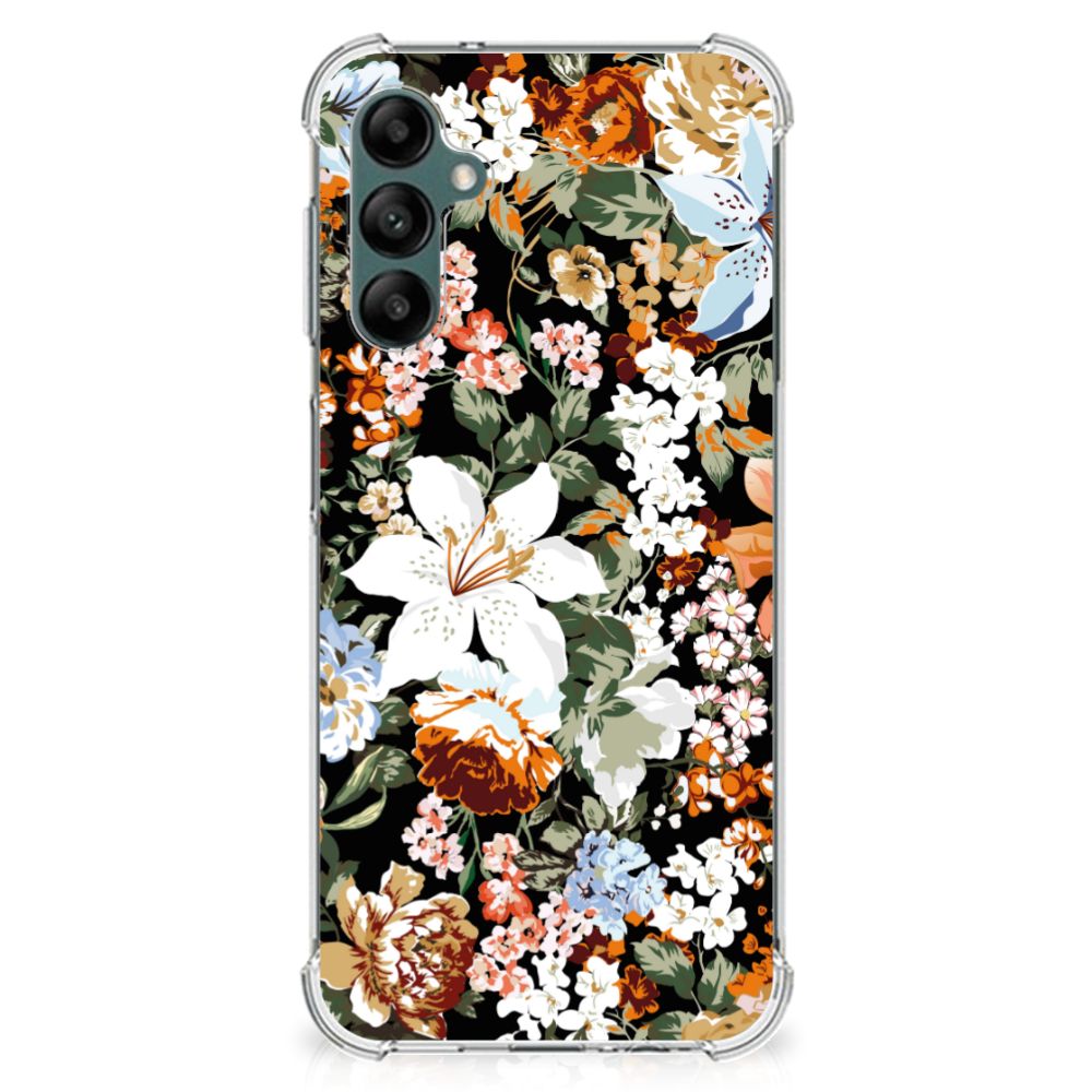 Case voor Samsung Galaxy A14 5G/4G Dark Flowers met kleurrijke bloemen op zwarte achtergrond.