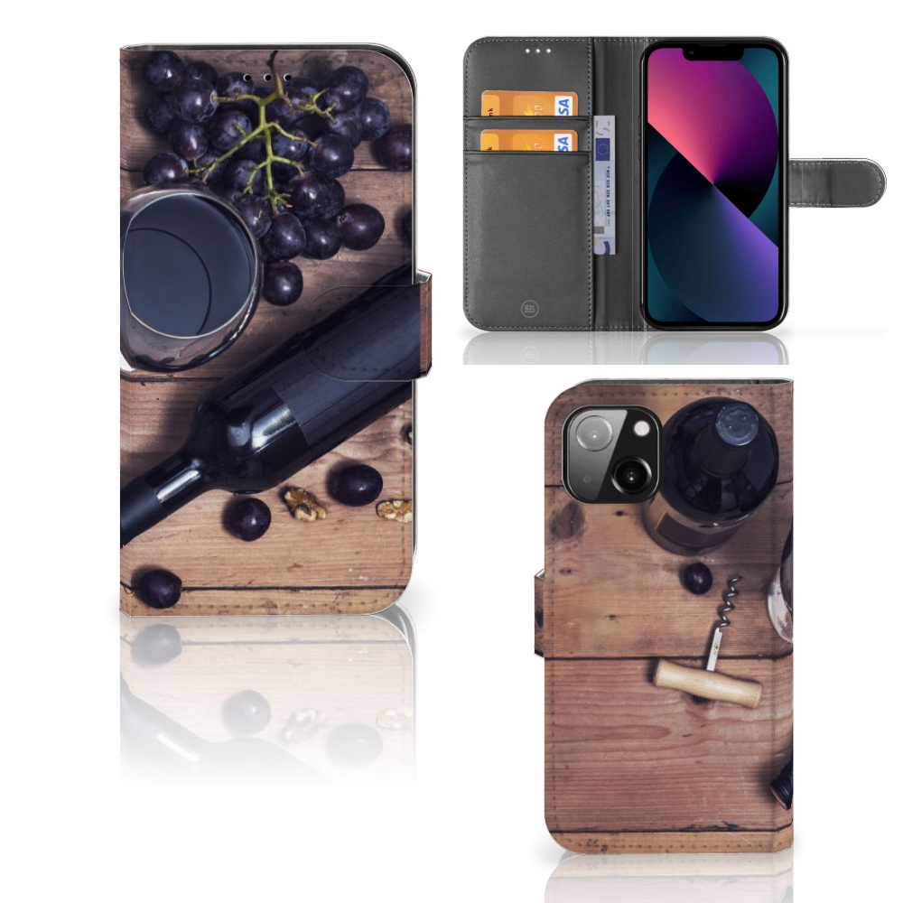 Apple iPhone 13 Book Cover Wijn met een design van wijnflessen en druiven, perfect voor wijnliefhebbers.