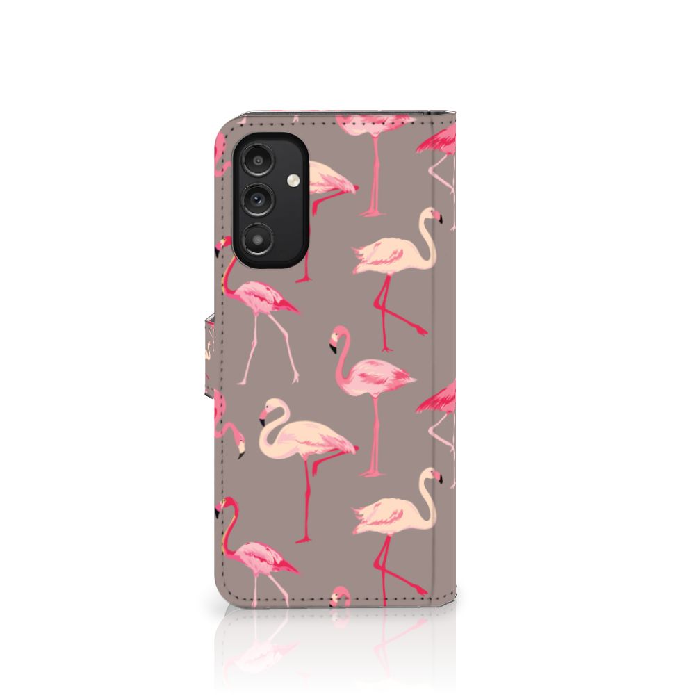 Samsung Galaxy A14 4G Telefoonhoesje met Pasjes Flamingo met vrolijke flamingo print op een grijze achtergrond.