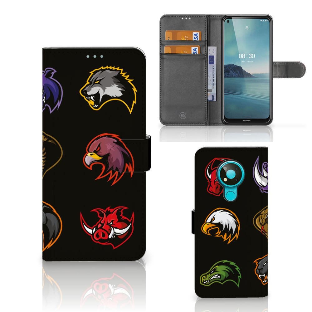 Nokia 3.4 Leuk Hoesje Cartoon met verschillende cartoon dieren op een zwart achtergrond.