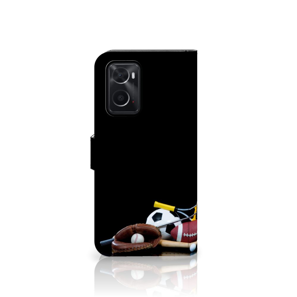 OPPO A76 | A96 Wallet Case met Pasjes Sports met sportballen en accessoires op een zwarte achtergrond.