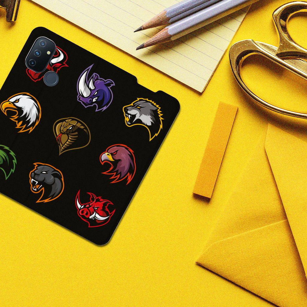 OnePlus Nord N100 Magnet Case Cartoon with colorful animal mascots on a black background.