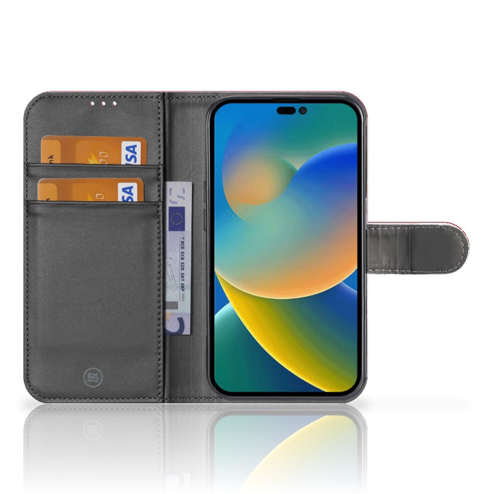 iPhone 14 Pro Bookstyle Case Nederland met pasjes en smartphone zichtbaar in open geschenkdisplay.