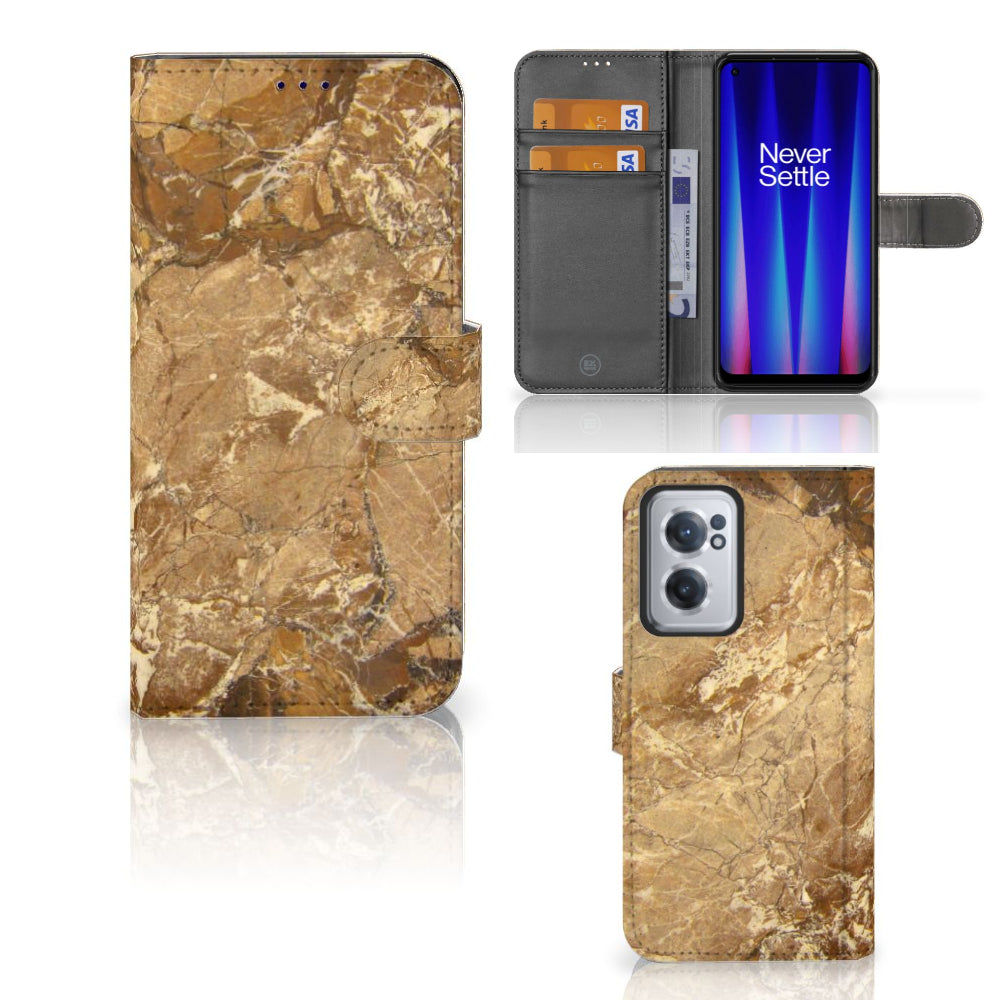 OnePlus Nord CE 2 Bookcase Marmer Creme met luxe marmerafwerking en ruimte voor pasjes.