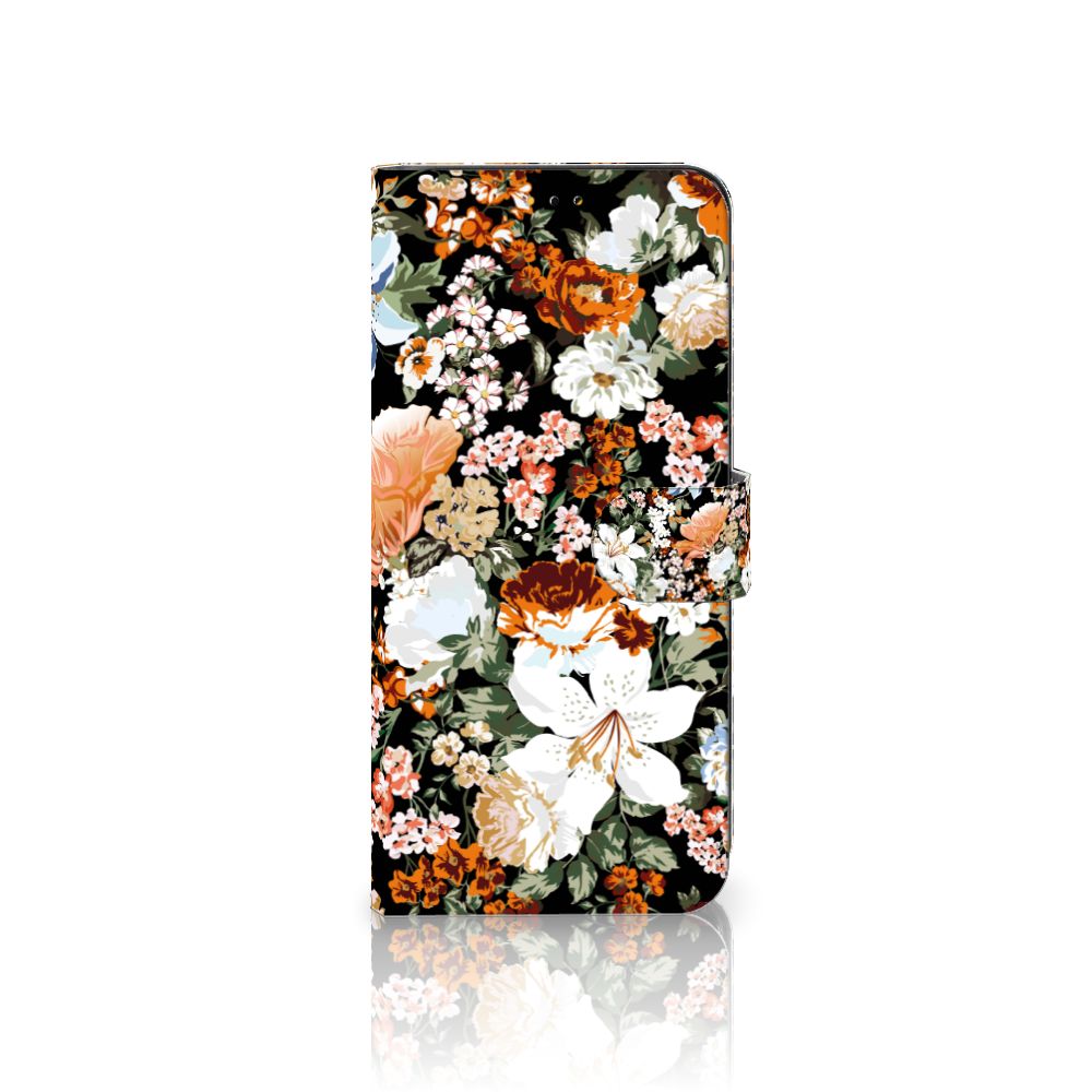 Hoesje voor Samsung Galaxy A14 5G Dark Flowers met een prachtig bloemenontwerp op een zwarte achtergrond.