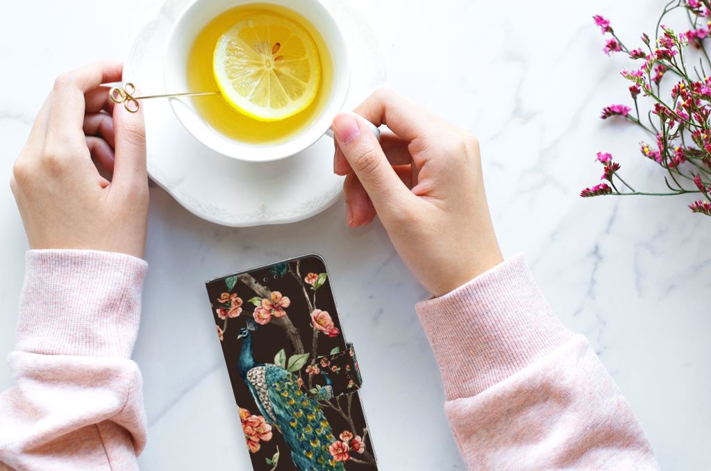 Huawei P40 Telefoonhoesje met Pasjes Pauw met Bloemen