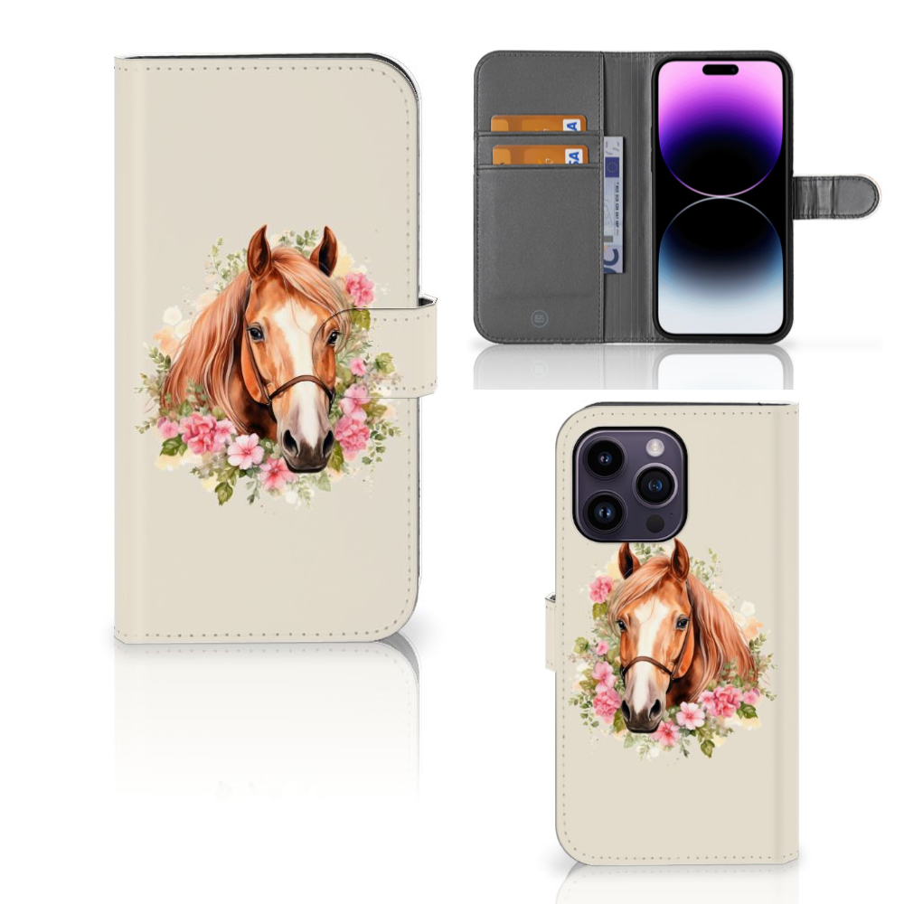 Telefoonhoesje met Pasjes voor iPhone 15 Pro Max Paard met bloemen design en ruimte voor pasjes.
