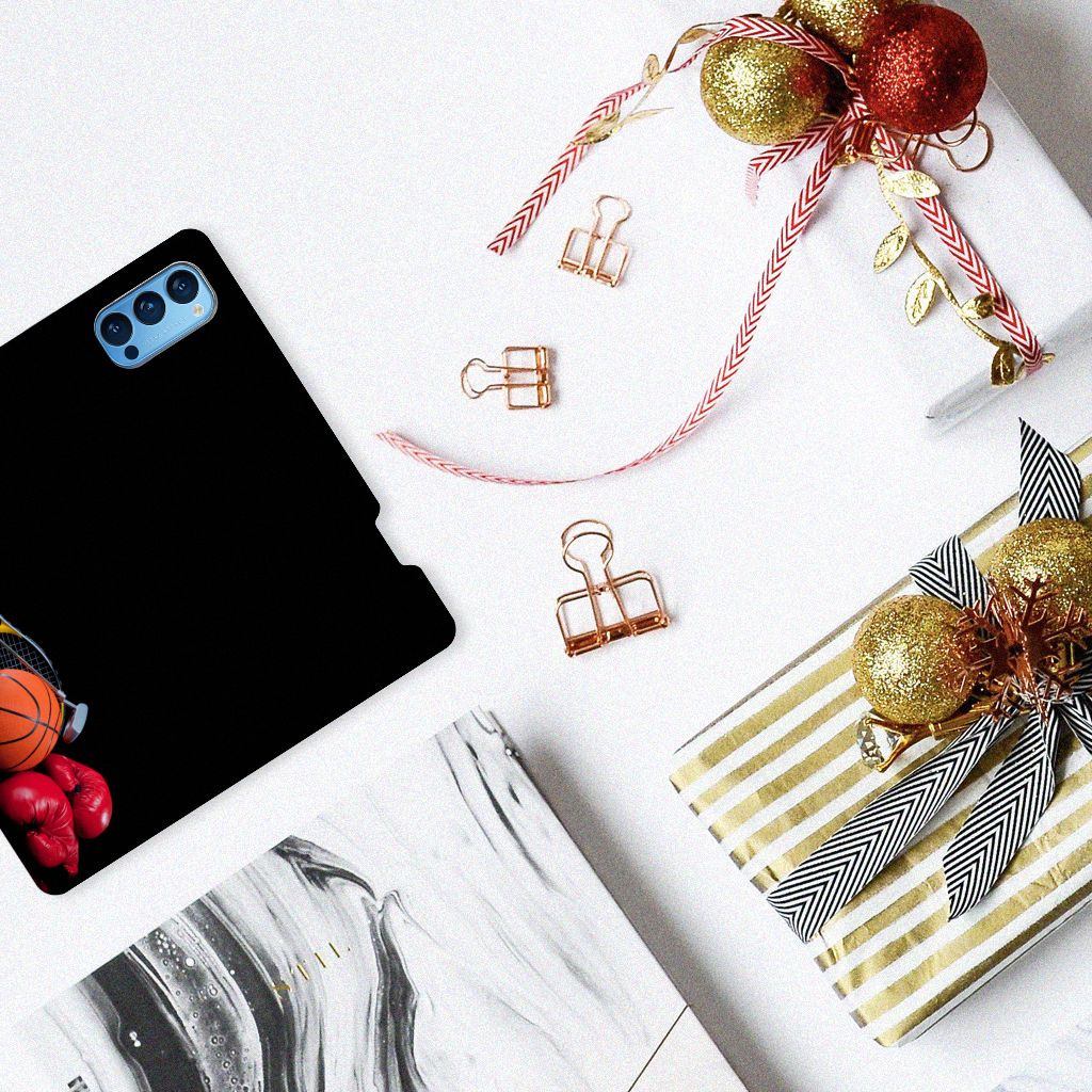 OPPO Reno4 Pro 5G Hippe Standcase Sports with basketball design on a table decorated for the holidays.