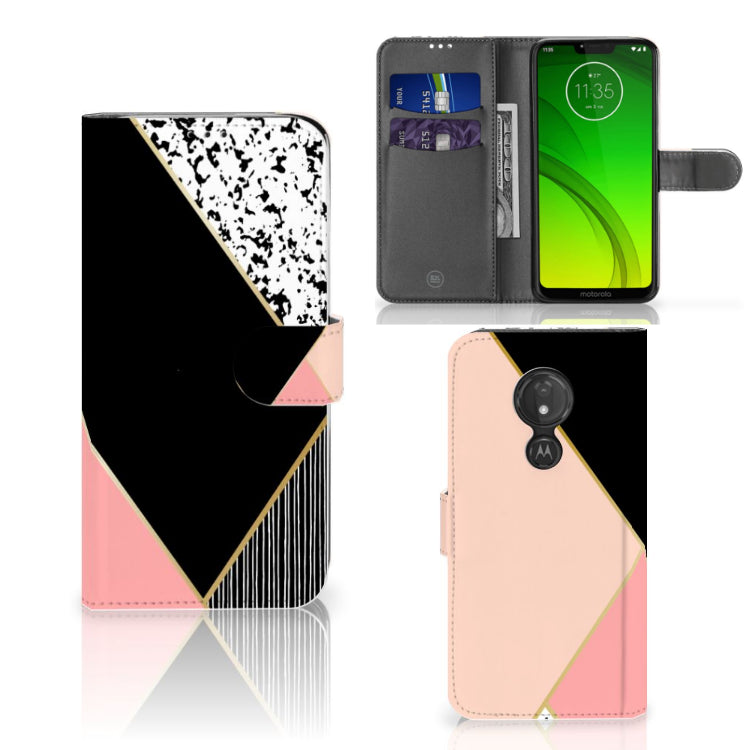 Motorola Moto G7 Power Book Case Zwart Roze Vormen