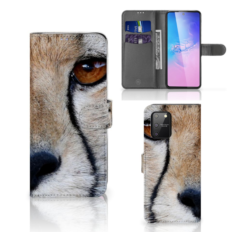 Samsung S10 Lite Telefoonhoesje met Pasjes Cheetah met close-up van cheeta oog en pasjesruimte