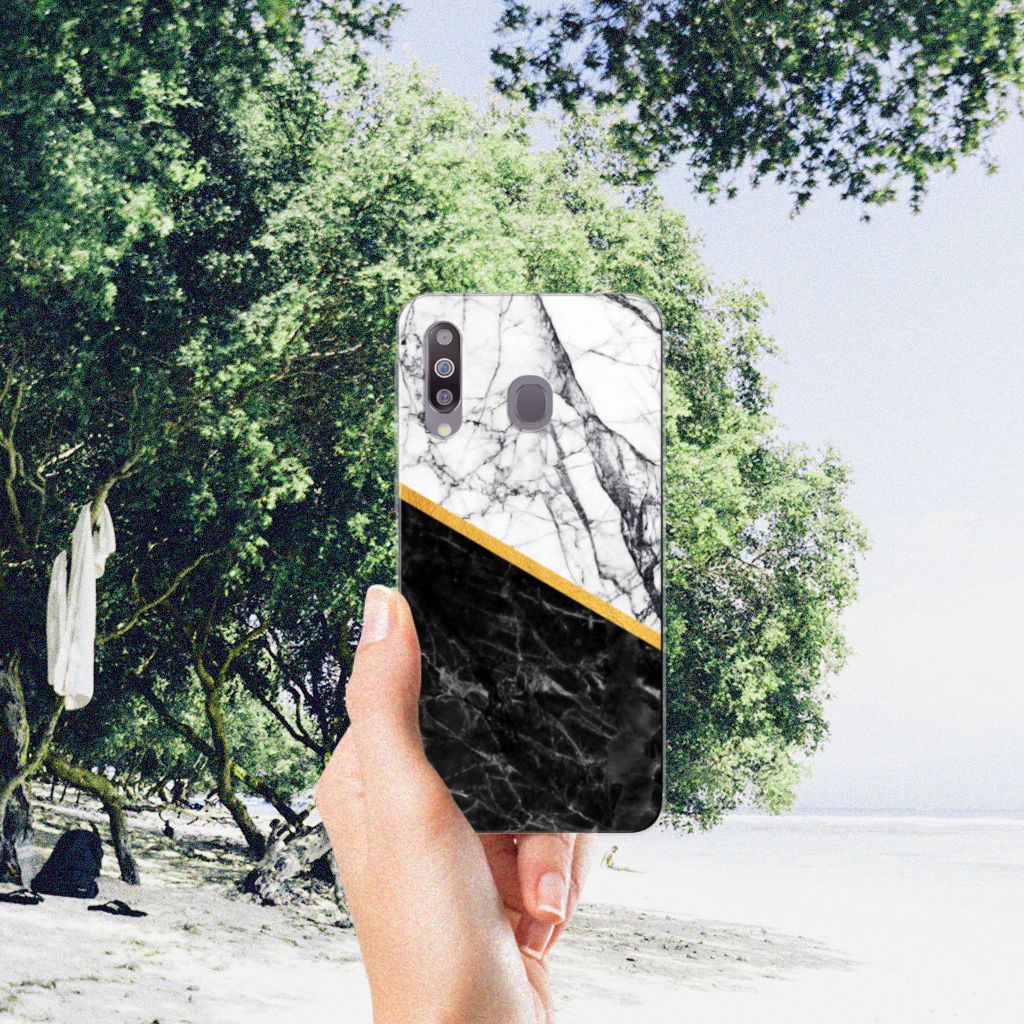 Samsung Galaxy M30 TPU Siliconen Hoesje Marmer Wit Zwart - Origineel Cadeau Man