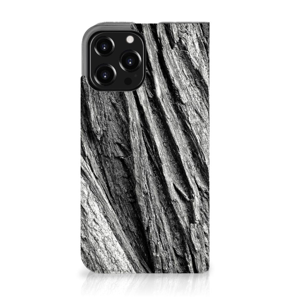 Book Wallet Case iPhone 13 Pro Max Boomschors Grijs met stijlvolle boomschors print.