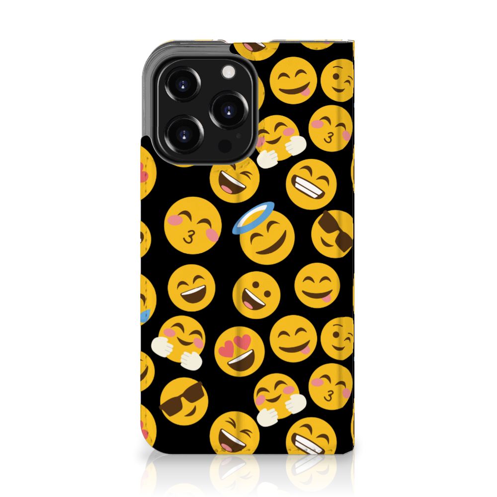 iPhone 13 Pro Hoesje met Magneet Emoji met kleurrijke emoticons op een zwarte achtergrond.