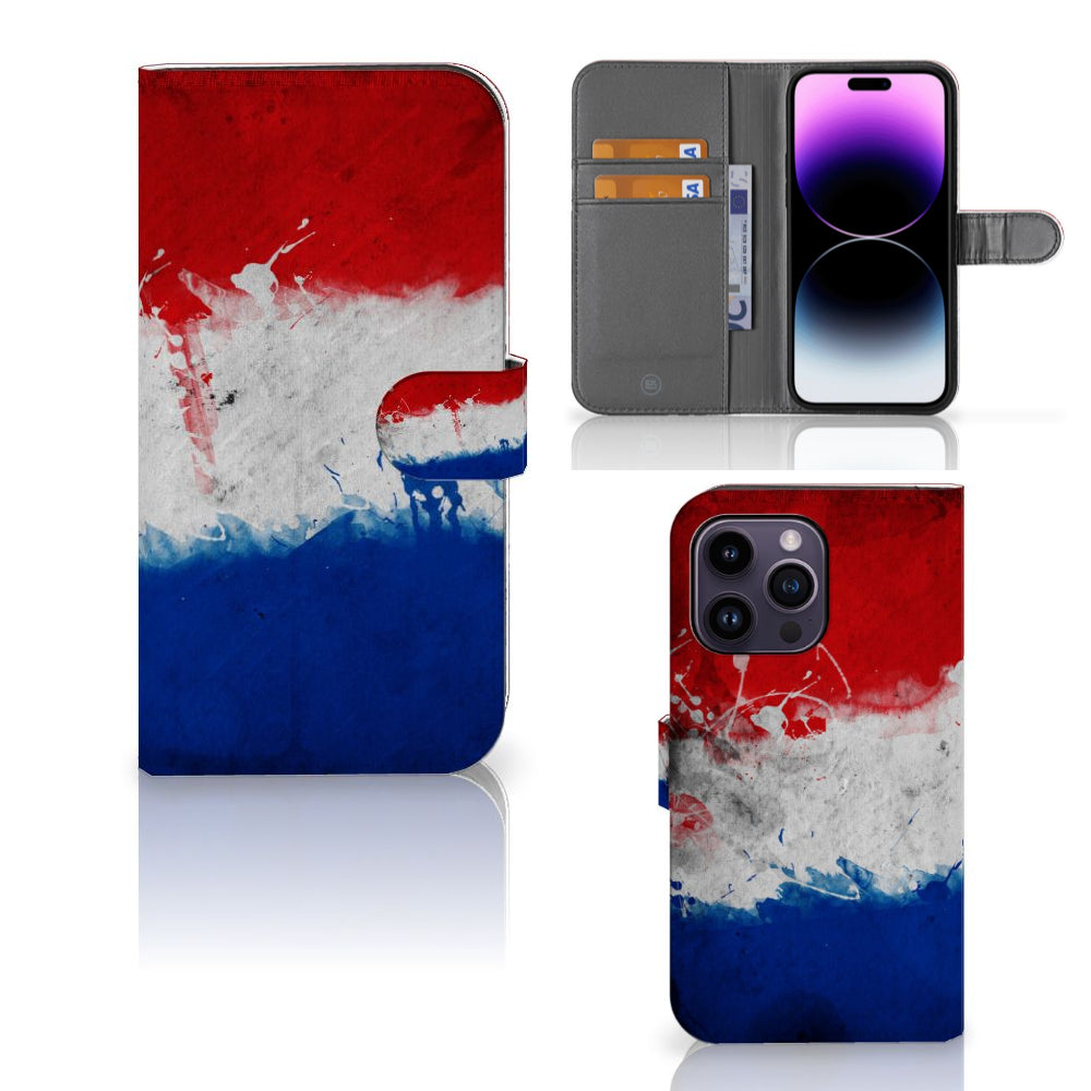 iPhone 15 Pro Max Bookstyle Case Nederland met pasjeshouder en artistiek Nederlands vlag design.