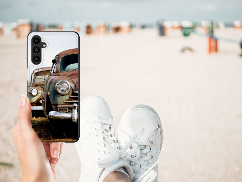 Samsung Galaxy A14 5G Silicone Back Case Vintage Auto design showcased on a beach with vintage cars in the background.